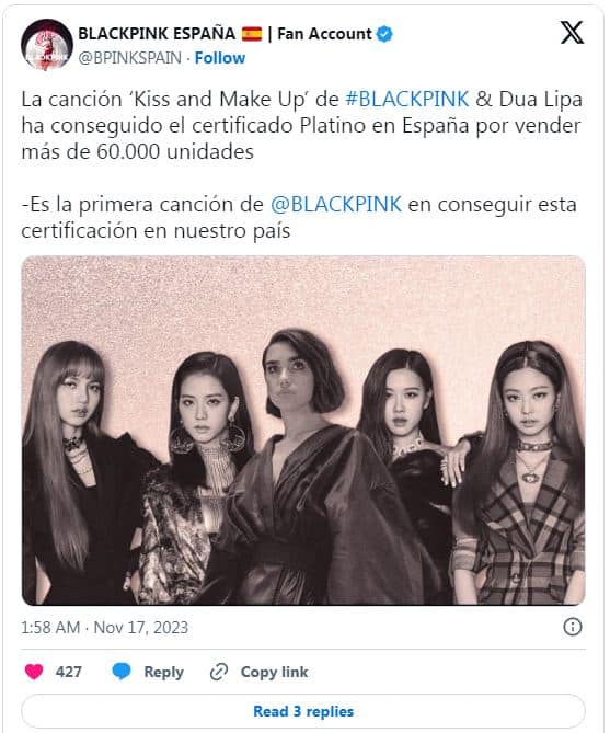 Песня BLACKPINK и Дуа Липы «Kiss and Make Up» получила платиновый сертификат в Испании