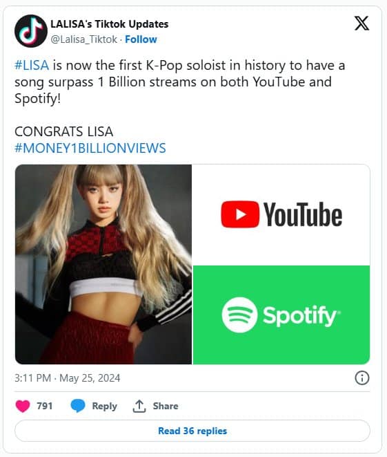«MONEY» Лисы из BLACKPINK — первая сольная K-Pop песня, которая превысила 1 миллиард просмотров на YouTube и 1 миллиард прослушиваний на Spotify