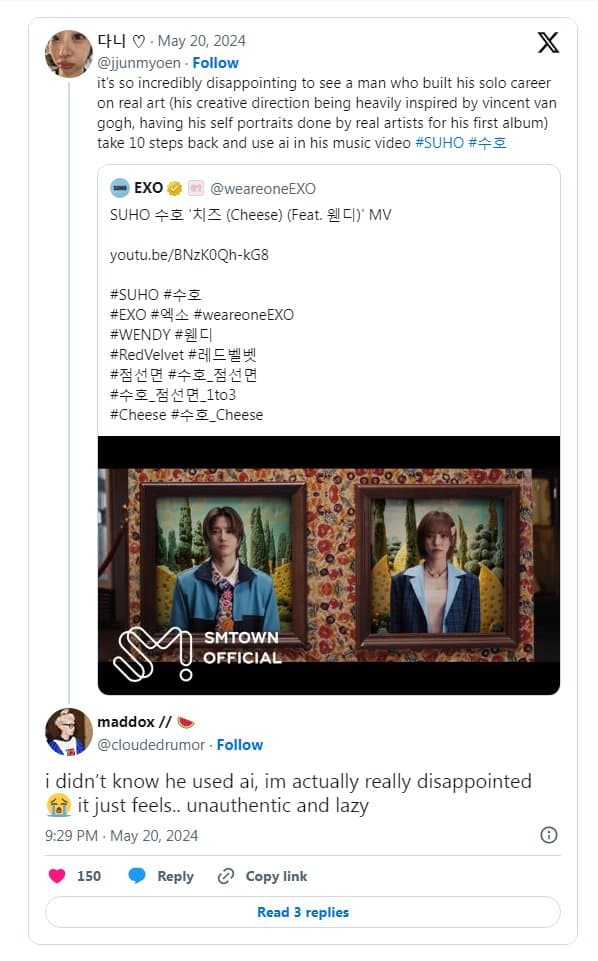 Сухо из EXO вызывает неоднозначную реакцию за использование ИИ в клипе «Cheese»: «Невероятно обидно»