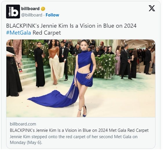 Наряд Дженни из BLACKPINK был назван одним из лучших среди знаменитостей на Met Gala 2024, согласно Billboard, Rolling Stone и международным модным журналам