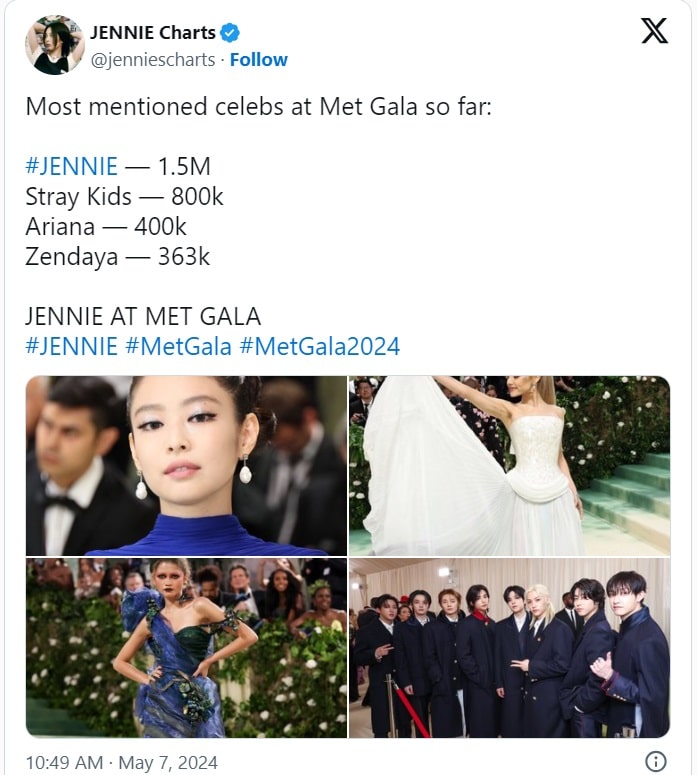 Наряд Дженни из BLACKPINK был назван одним из лучших среди знаменитостей на Met Gala 2024, согласно Billboard, Rolling Stone и международным модным журналам