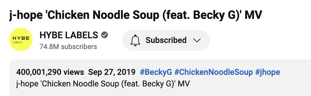 Клип Джей-Хоупа из BTS и Бекки Джи «Chicken Noodle Soup» достиг 400 миллионов просмотров