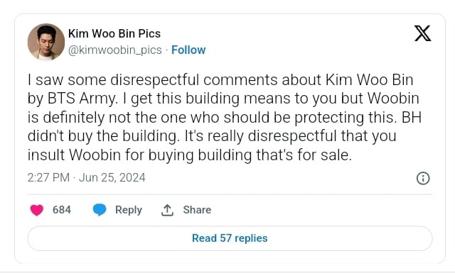 Нетизены встали на защиту Ким У Бина, критикуемого за покупку старого здания BigHit