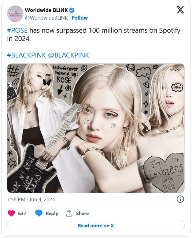 Розэ из BLACKPINK набрала более 100 миллионов прослушиваний на Spotify в 2024 году