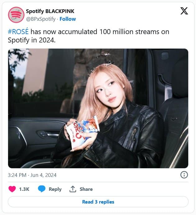 Розэ из BLACKPINK набрала более 100 миллионов прослушиваний на Spotify в 2024 году