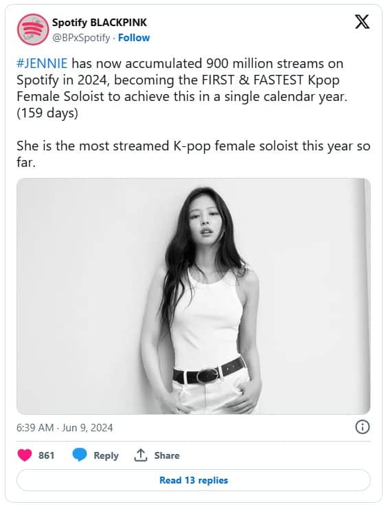 Дженни из BLACKPINK достигла 2 миллиардов общих прослушиваний на Spotify