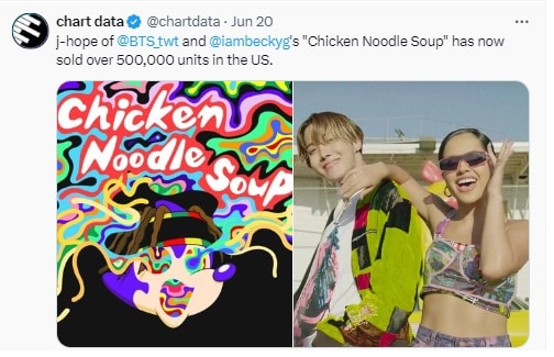 Трек Джей-Хоупа из BTS «Chicken Noodle Soup» превзошёл 500 тысяч продаж в США