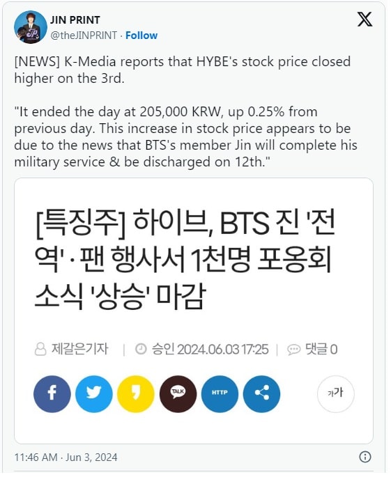 Джин из BTS возвращается из армии на следующей неделе, спровоцировав рост цен на акции HYBE