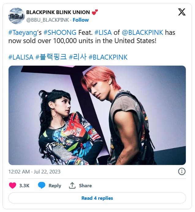 Песня Лисы из BLACKPINK «ROCKSTAR» разошлась тиражом более 100 000 единиц в США, став ее четвертой песней с таким результатом