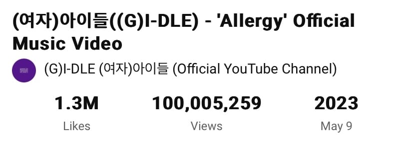 «Allergy» стал 10-м клипом (G)I-DLE, набравшим 100 миллионов просмотров