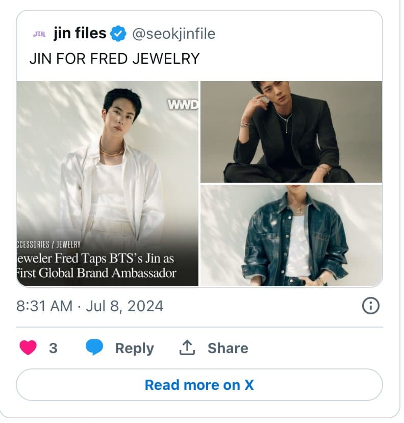 Джин из BTS стал первым глобальным амбассадором парижского ювелирного бренда Fred