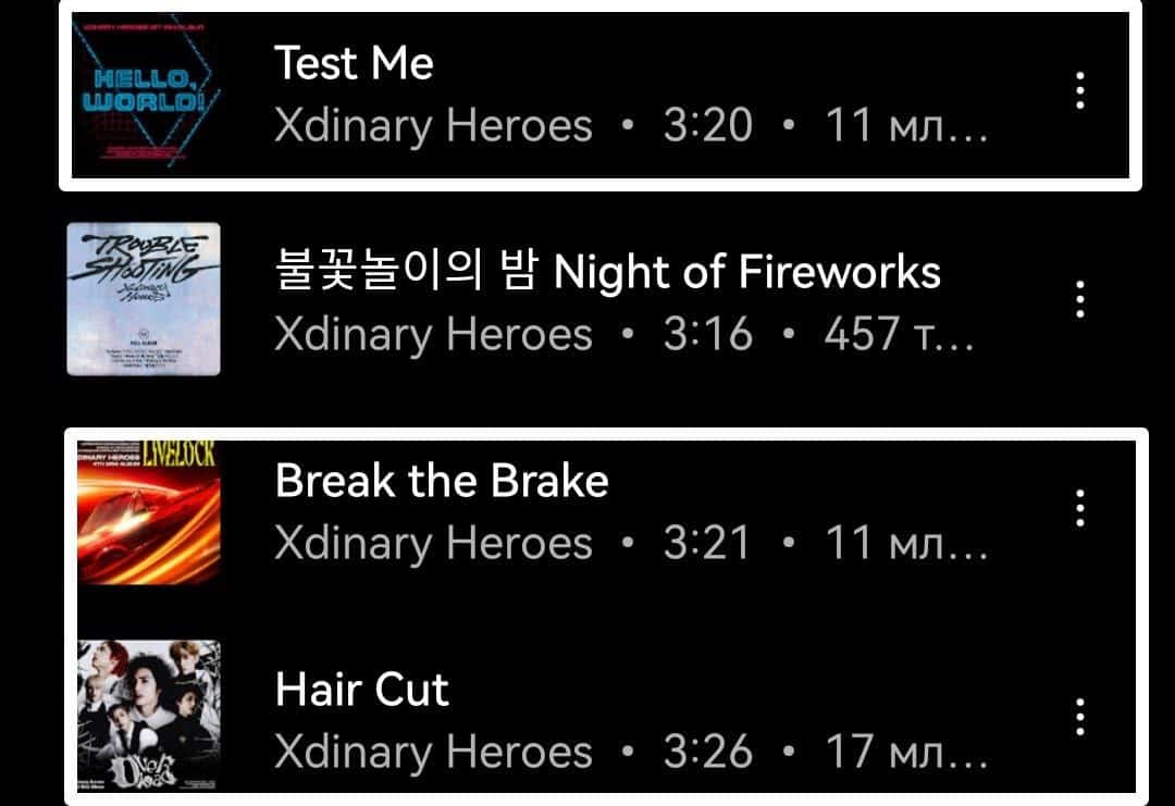 Топ-7 самых прослушиваемых песен Xdinary Heroes на YouTube Music