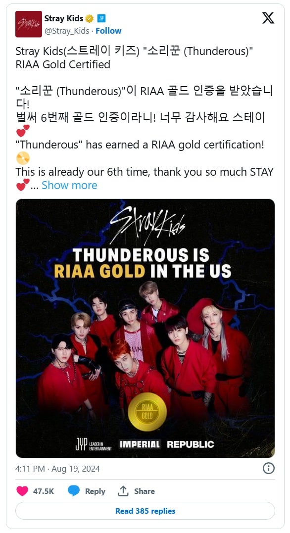 Stray Kids стали вторыми K-Pop артистами в истории RIAA, получившим золотой сертификат с 4 разными песнями в США