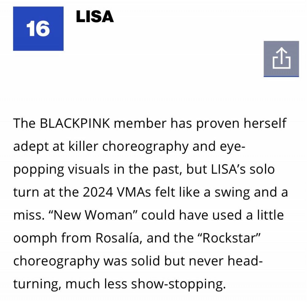 Billboard и The New York Post назвали выступление Лисы из BLACKPINK худшим на VMA 2024