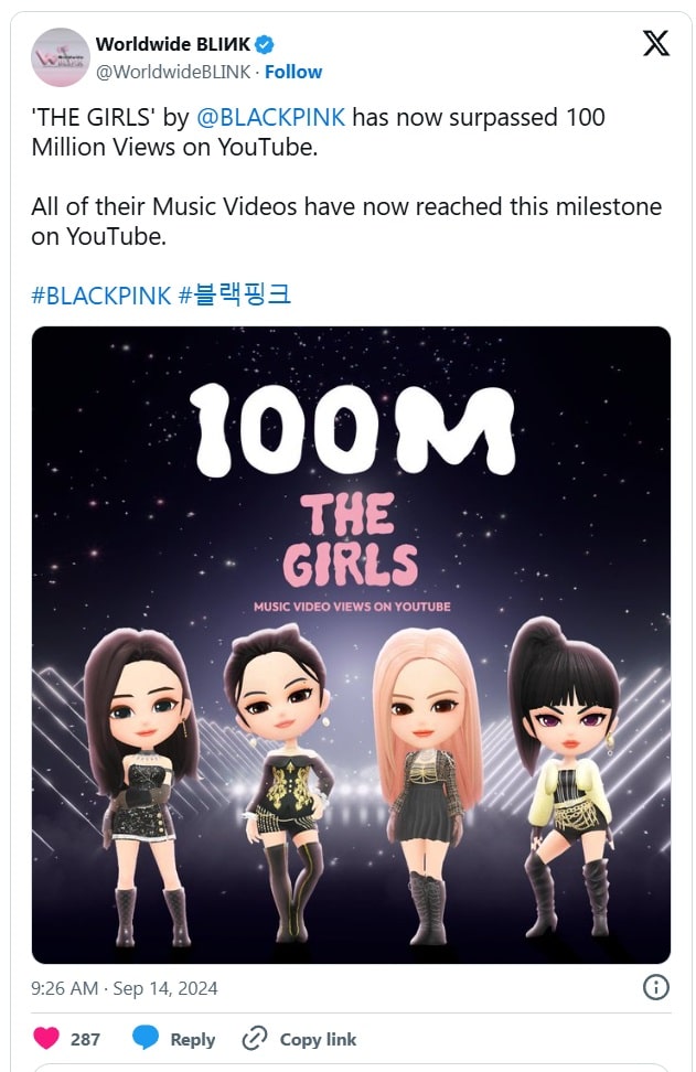 Все официальные клипы BLACKPINK теперь превысили 100 миллионов просмотров на YouTube – последним эту отметку преодолел их клип «The Girls»