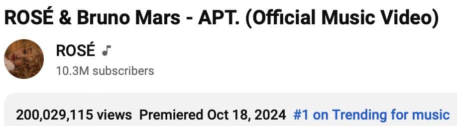 Розэ из BLACKPINK стала самой быстрой K-Pop солисткой, достигшей 200 миллионов просмотров с клипом «APT.» с Бруно Марсом