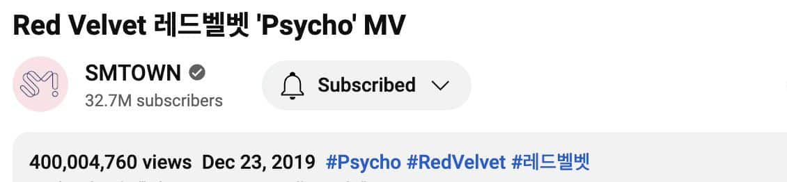 «Psycho» становится вторым клипом Red Velvet, набравшим 400 миллионов просмотров