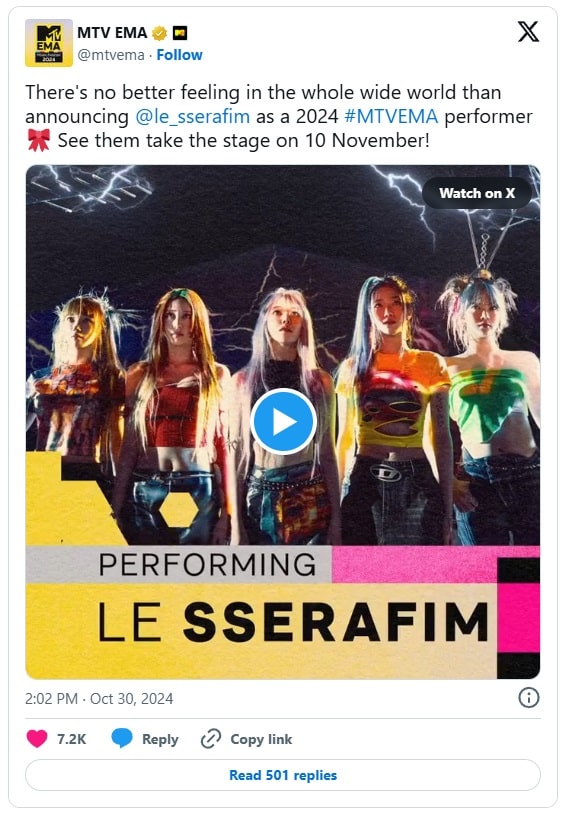 LE SSERAFIM выступят на «MTV Europe Music Awards 2024»