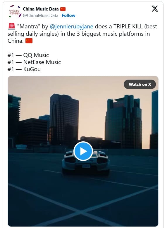 Песня Дженни из BLACKPINK «Mantra» достигла 1-й строчки на 3 крупных музыкальных платформах Китая