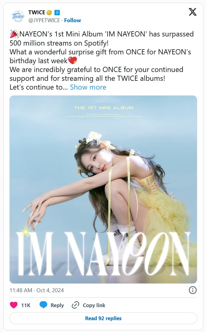 Альбом Наён из TWICE «IM NAYEON» превысил 500 миллионов прослушиваний на Spotify