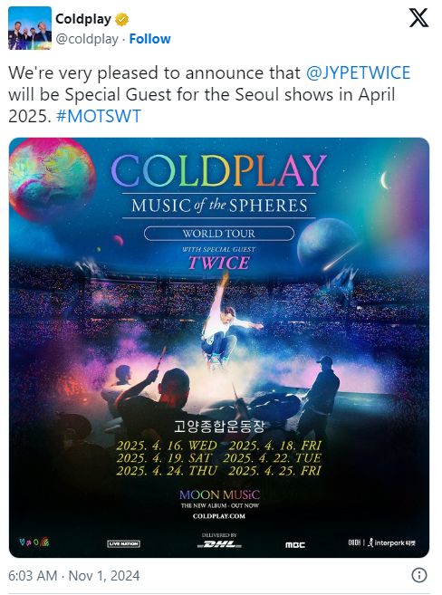 TWICE станут специальными гостями на концертах группы Coldplay в Сеуле